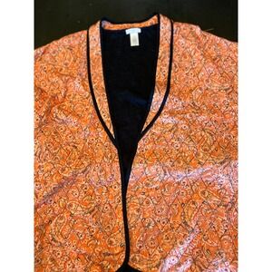 J Jill Women's Quilted Ruana Kimono Belted Jacket S/L Orange Paisley Cottagecore